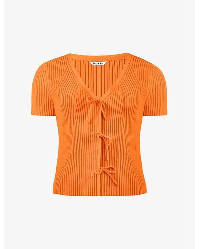 Ro&zo Tie-front Short-sleeved Rib-knit Top - Orange