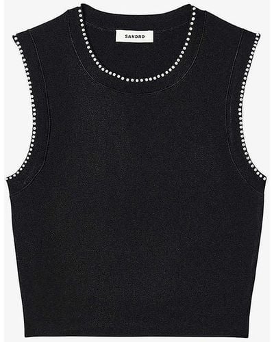 Sandro Faux Pearl-embellished Sleeveless Stretch-woven Jumper - Black