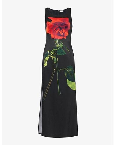 Alexander McQueen Rose Scoop-neck Silk-satin Midi Dress - Black