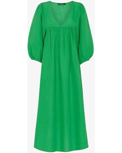 Whistles Gloria Balloon-sleeve Relaxed-fit Linen-cotton Blend Midi Dress - Green