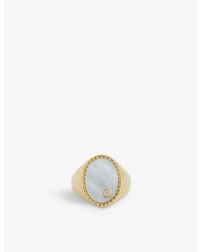 Yvonne Léon Oval 9ct Yellow Gold, 0.015ct Diamond And Mother-of-pearl Signet Ring - White