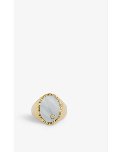 Yvonne Léon Oval 9ct Yellow Gold, 0.015ct Diamond And Mother-of-pearl Signet Ring - White