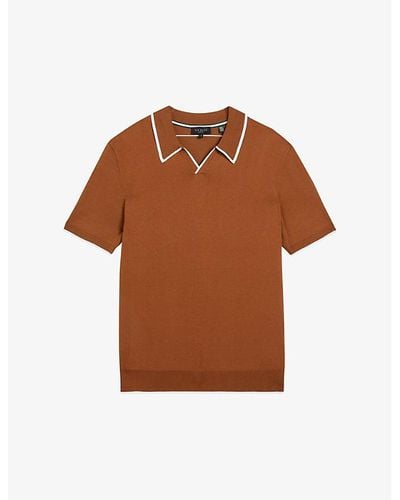 Ted Baker Open-neck Short-sleeved Stretch-cotton Polo Shirt - Brown