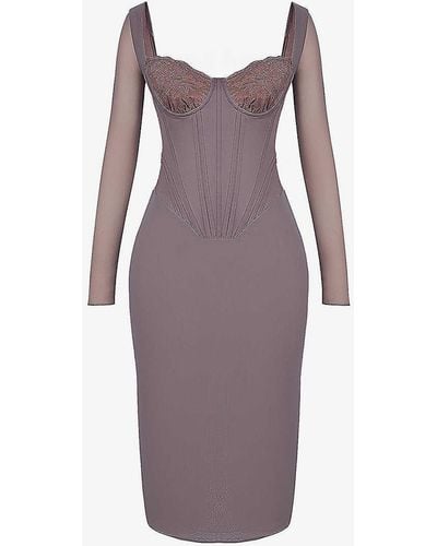 House Of Cb Safran Corseted Woven Midi Dres - Purple