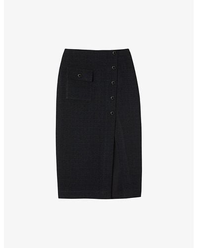 Sandro Front-split Button-embellished Tweed Midi Skirt - Black