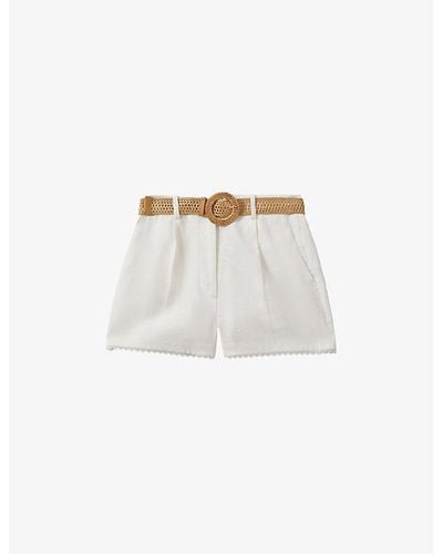 Reiss Belle Raffia-belt High-rise Linen Shorts - White