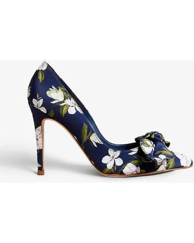 Ted Baker Floral-print Bow-front Heeled Woven Court Shoes - Blue