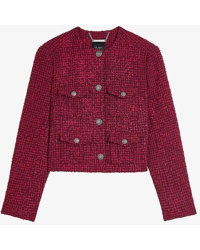 Ted Baker Pennio Crew-neck Cropped Woven Boucle Jacket 1 - Red