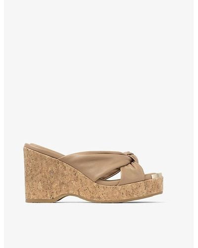 Jimmy Choo Avenue Knot-embellished Leather Wedge Sandals - Natural
