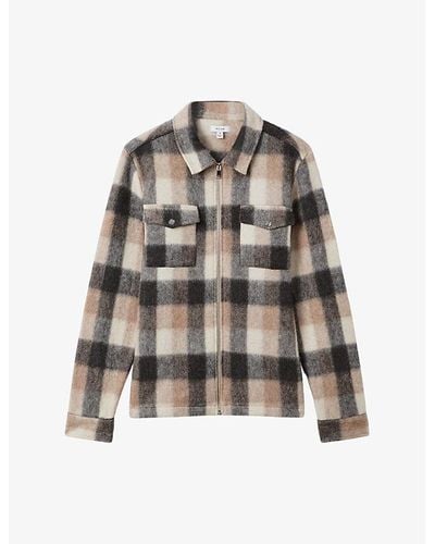 Reiss Stamford Checked Brushed Woven Overshirt X - Grey