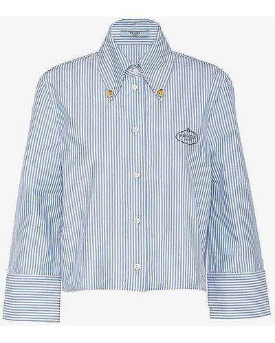 Prada Logo-embroidered Striped Slim-fit Cotton-blend Shirt - Blue