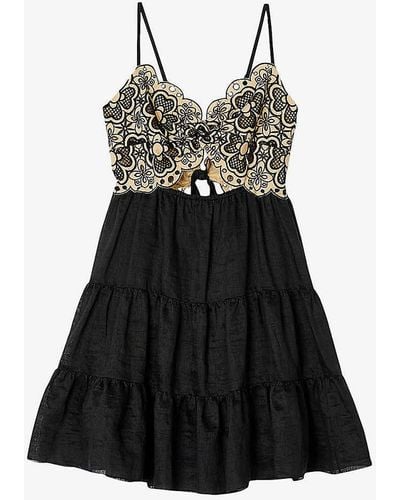 Sandro Floral-embroidered Linen-blend Mini Dress - Black