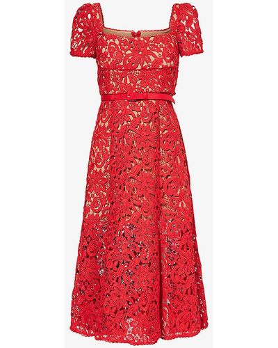 Self-Portrait Square-neck Belted Floral-lace Midi Dress - Red