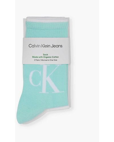 Calvin Klein Brand-print Ankle-rise Pack Of Two Stretch-cotton Blend Socks - Blue