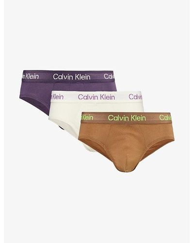Calvin Klein Branded-waistband Mid-rise Pack Of Three Stretch-cotton Brief - Purple