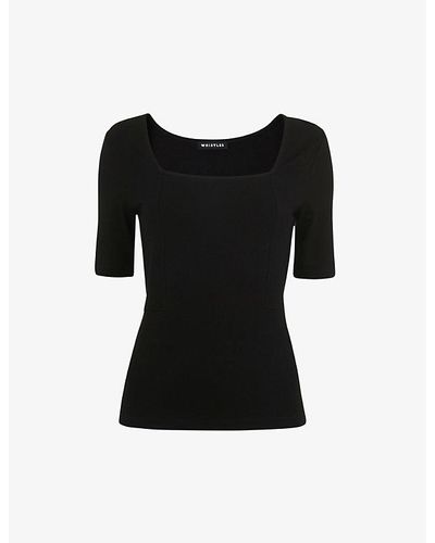 Whistles Square-neck Puffed-shoulder Stretch-woven T-shirt - Black