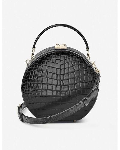 Aspinal of London Round Croc-embossed Patent-leather Hat Box Bag - Black