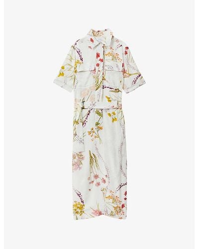 Reiss Faya Floral-print Belted Woven Midi Dress - White