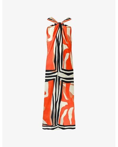 Ro&zo Placement-print Halterneck Woven Maxi Dress - Red