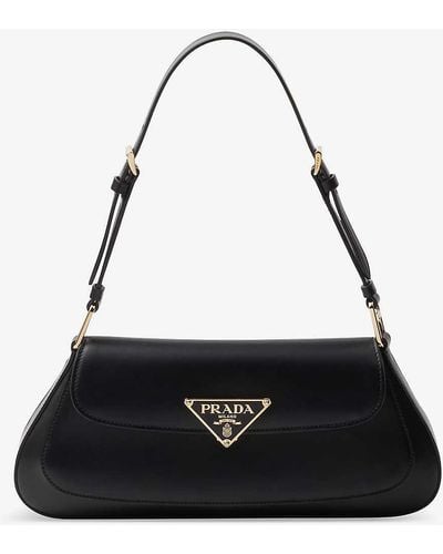 Prada Enamelled Metal Triangle-logo Leather Shoulder Bag - Black