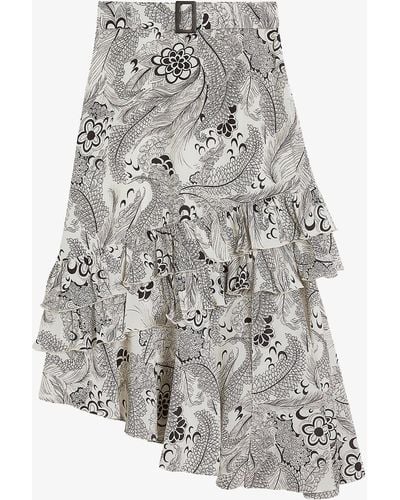 Ted Baker Kelanhi Graphic-print Frill-detail Silk Skirt - Grey