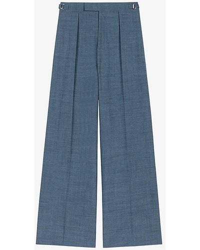 Maje Pleated Wide-leg High-rise Stretch-woven Trousers - Blue