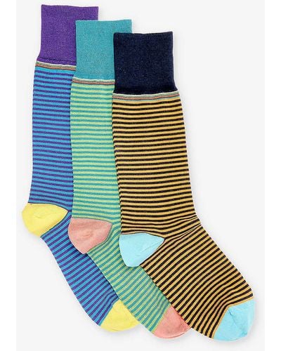 Paul Smith Stripe-pattern Pack Of Three Cotton-blend Socks - Blue