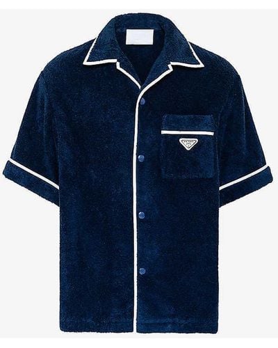 Prada Brand-plaque Cotton Bowling Shirt X - Blue
