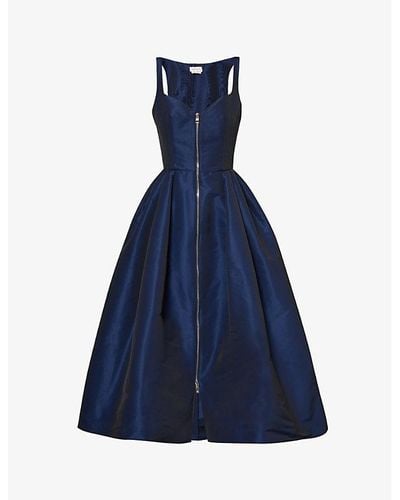 Alexander McQueen Sweetheart-neckline Pleated Woven Midi Dress - Blue