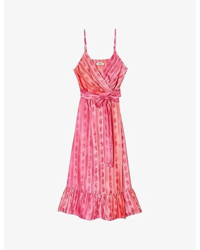 Sandro Paisley-print Tie-waist Woven Midi Dress - Pink