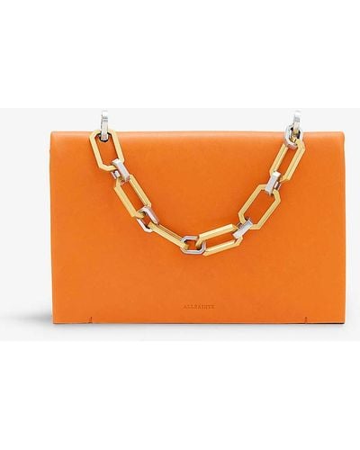 AllSaints Yua Chain-strap Logo-debossed Leather Clutch - Orange