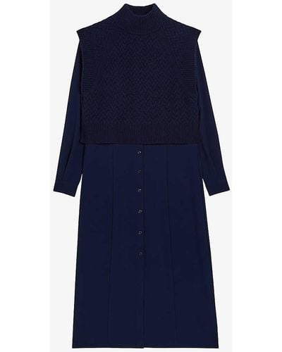 Ted Baker Vy Elsiiey Knit-layer Stretch-woven Midi Dress - Blue
