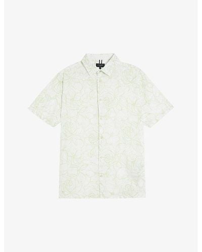 Ted Baker Cavu Floral-print Short-sleeve Cotton Shirt - White