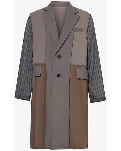 Sacai Striped-sleeve Notched-lapel Regular-fit Woven Coat - Grey