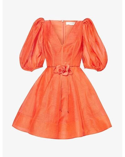 Zimmermann V-neck Puff-sleeved Linen And Silk-blend Mini Dress - Orange