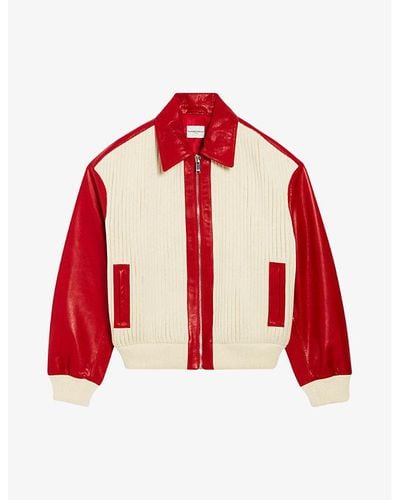 Claudie Pierlot Contrast-sleeve Ribbed Leather And Knitted Jacket - Red