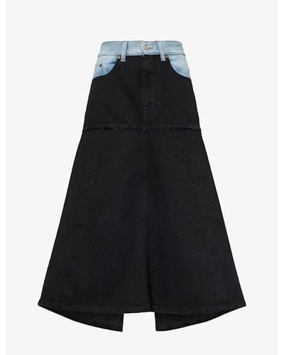 Victoria Beckham Contrast-panel Asymmetric-hem Denim Midi Skirt - Black