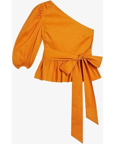 Ted Baker Lera One-shoulder Tie-waist Linen-blend Top - Orange