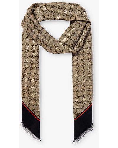 Gucci Monogram-pattern Fringed-trim Wool Scarf in Gray