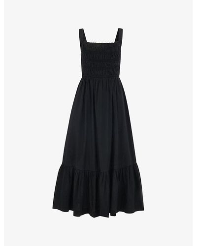 Whistles Greta Shirred-bodice Ruched Cotton-poplin Midi Dress 1 - Black