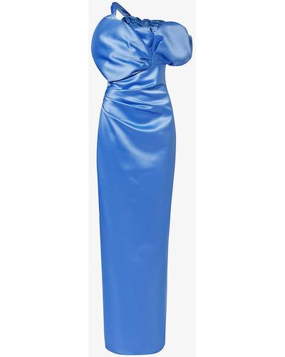 Rachel Gilbert Larna Asymmetric-neck Satin Gown - Blue
