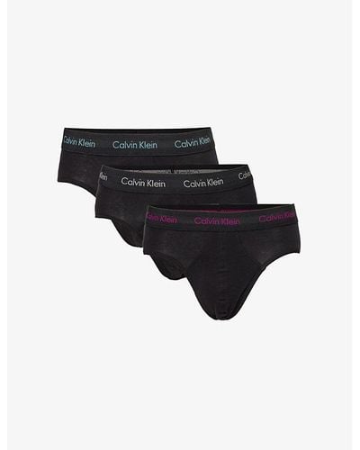 Calvin Klein Branded-waistband Mid-rise Pack Of Three Stretch-cotton Briefs - Black