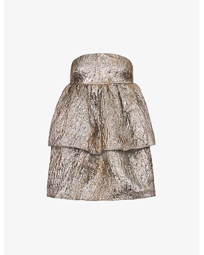 Amy Lynn Sara Tiered-hem Metallic-jacquard Woven Mini Dres - Natural