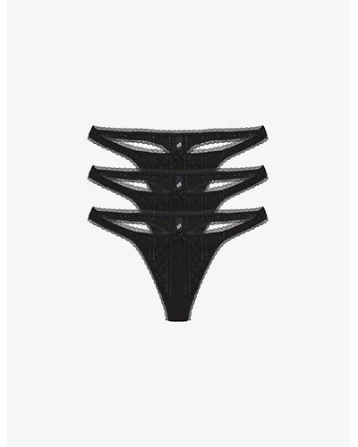 Cou Cou Intimates Pack Of Three Pointelle Mid-rise Organic-cotton Thongs X - Black