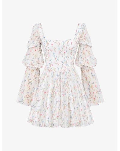 House Of Cb Sancia Puff-sleeve Floral-print Woven Mini Dress - White