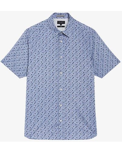 Ted Baker Geometric-pattern Short-sleeve Stretch-cotton Shirt - Blue