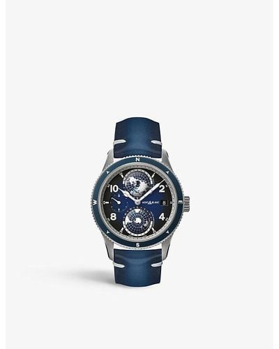 Montblanc Mb125565 1858 Geosphere Stainless Steel And Leather Automatic Chronograph Watch - Blue