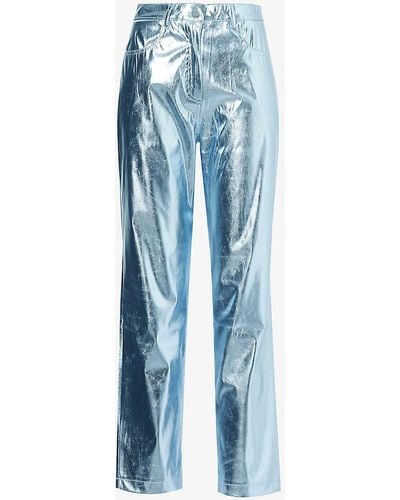 Amy Lynn Metallic Straight-leg High-rise Faux-leather Trousers - Blue