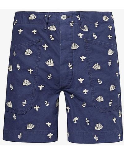 RRL Keane Mountain-embroidered Cotton Shorts - Blue