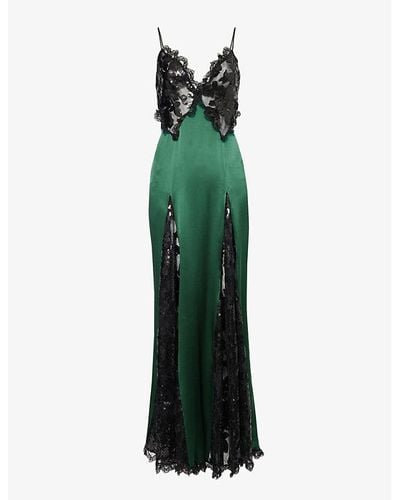 Rodarte Lace-panel Sequin-embellished Satin Maxi Dress - Green